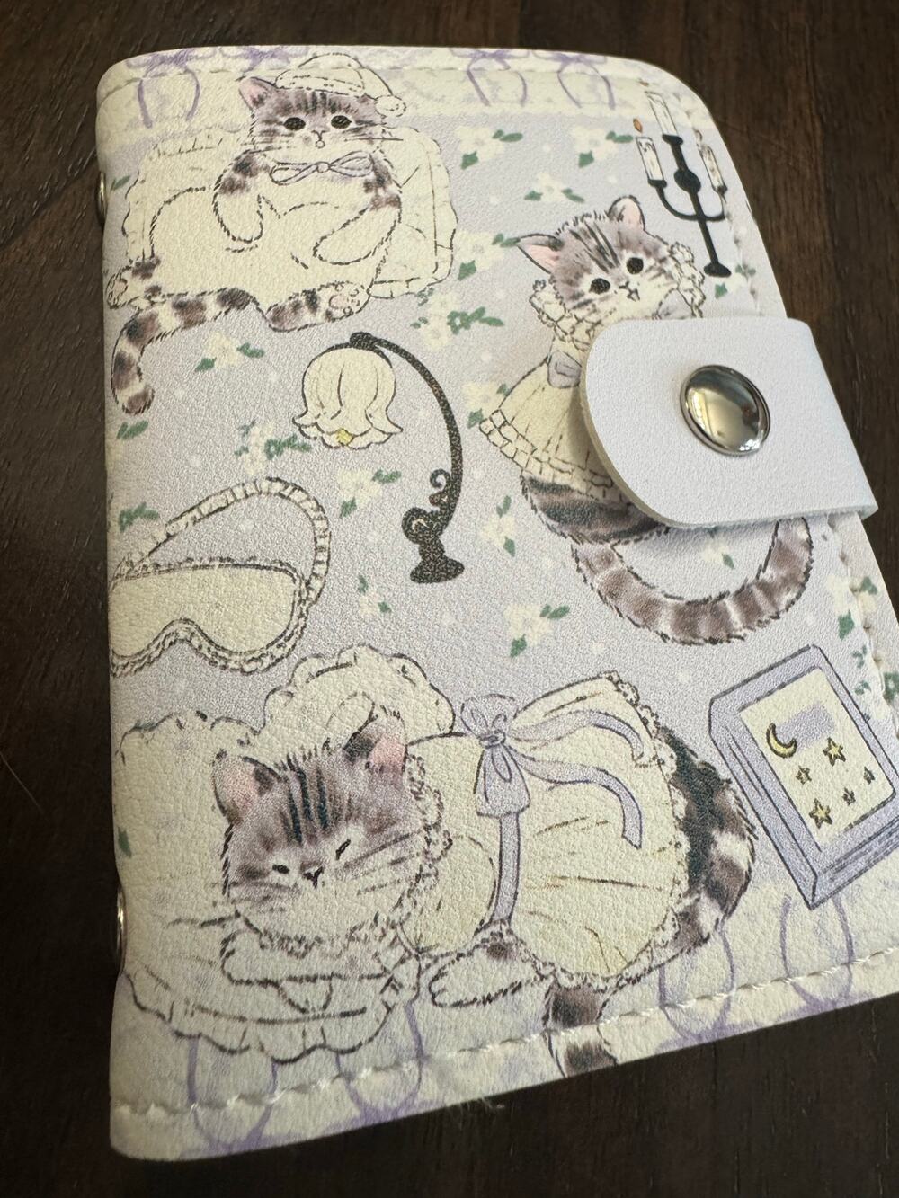 Purple & white cat card wallet illustrations of cats various poses and outfits